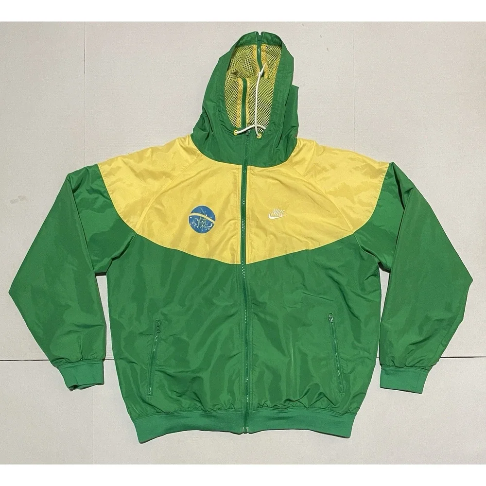 Vintage Nike Brazil Green Yellow Hooded Windbreaker Jacket Mens Large Vents
